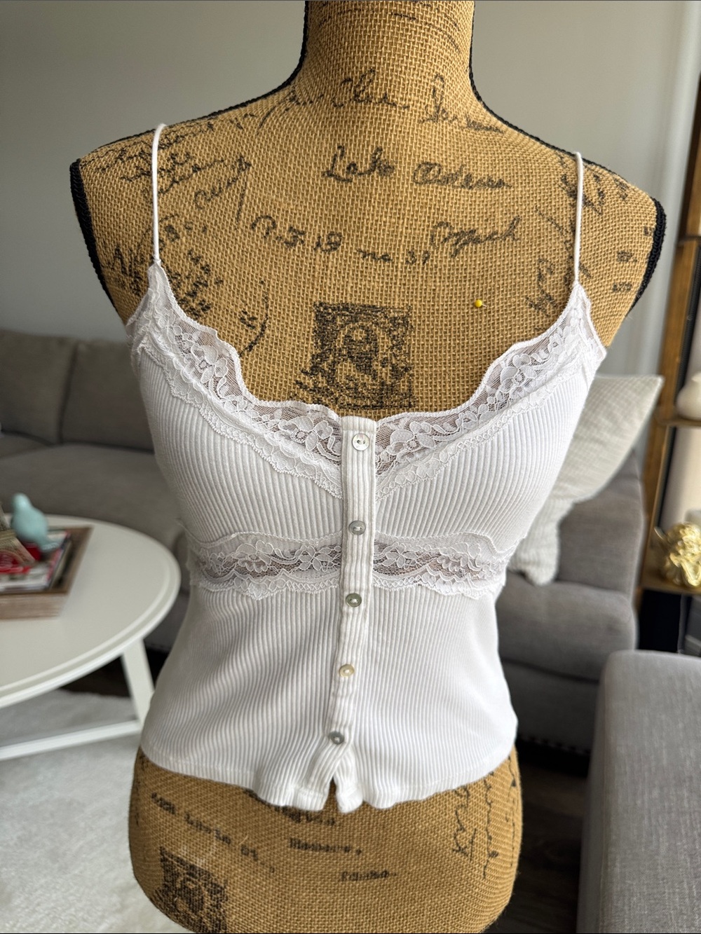 Zara White Ribbed Cami with Lace Trim